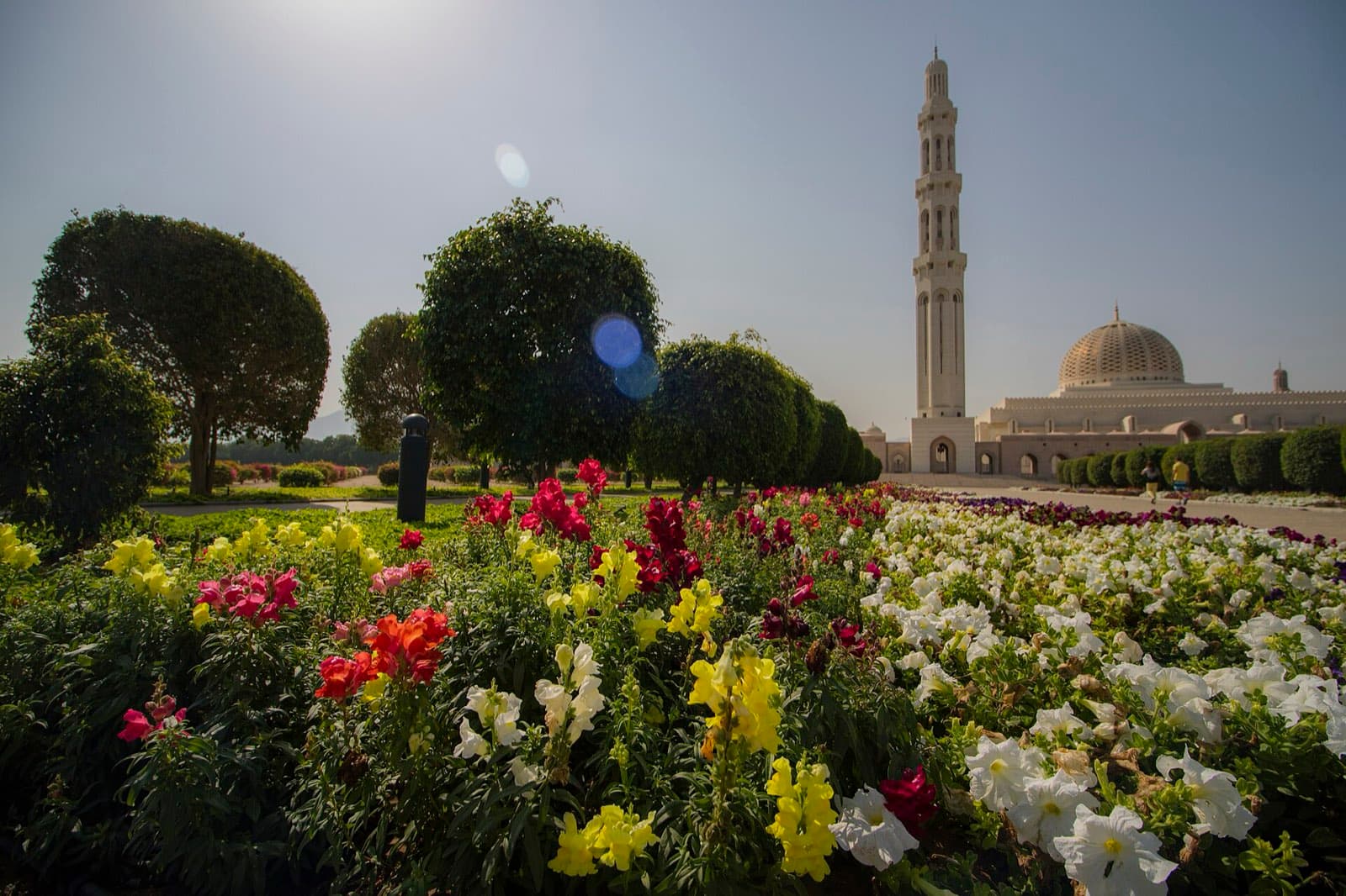 The Sultan Qaboos Grand Mosque in Muscat, its dome and minaret against a clear sky.
