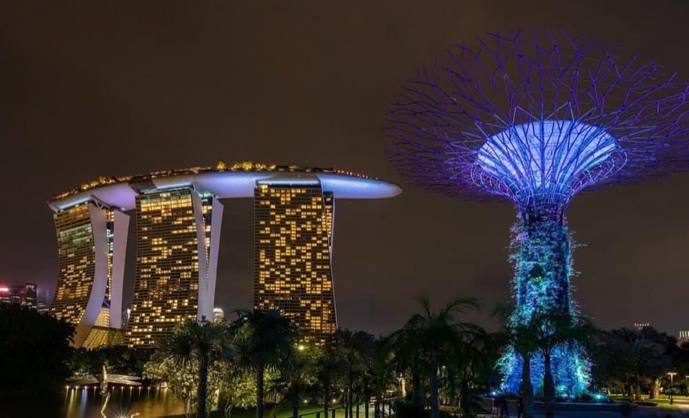 The Supertree Grove at Gardens by the Bay, Singapore, lit at night.