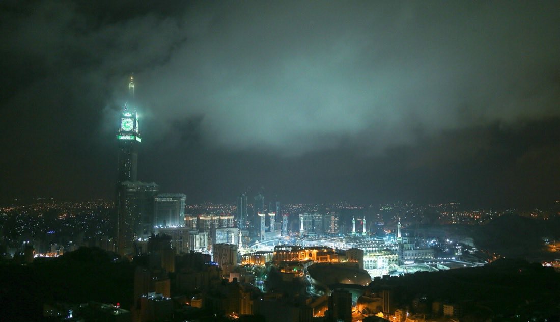 The Abraj Al Bait clock tower rising over the Haram complex in Makkah.