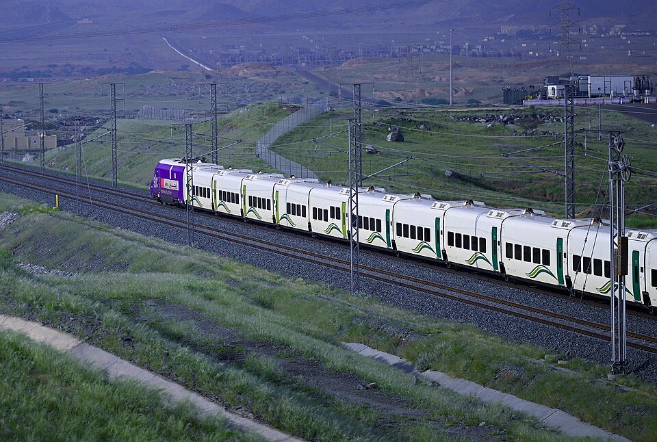 A Haramain high-speed train at the platform.