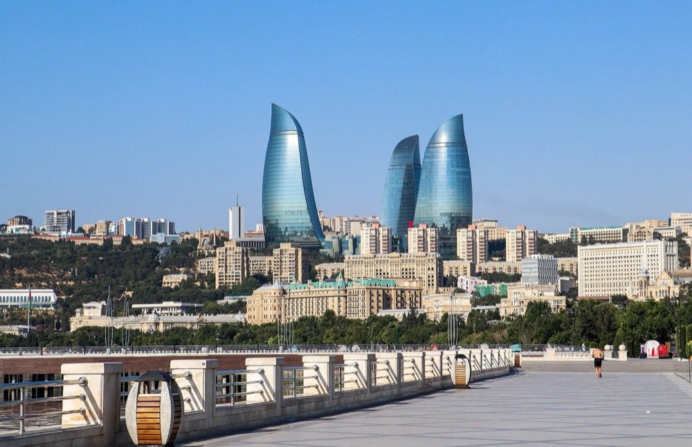 Baku boulevard and the city skyline, Azerbaijan.