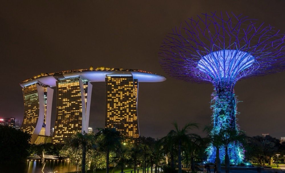 The Supertree Grove at Gardens by the Bay, Singapore, lit at night.