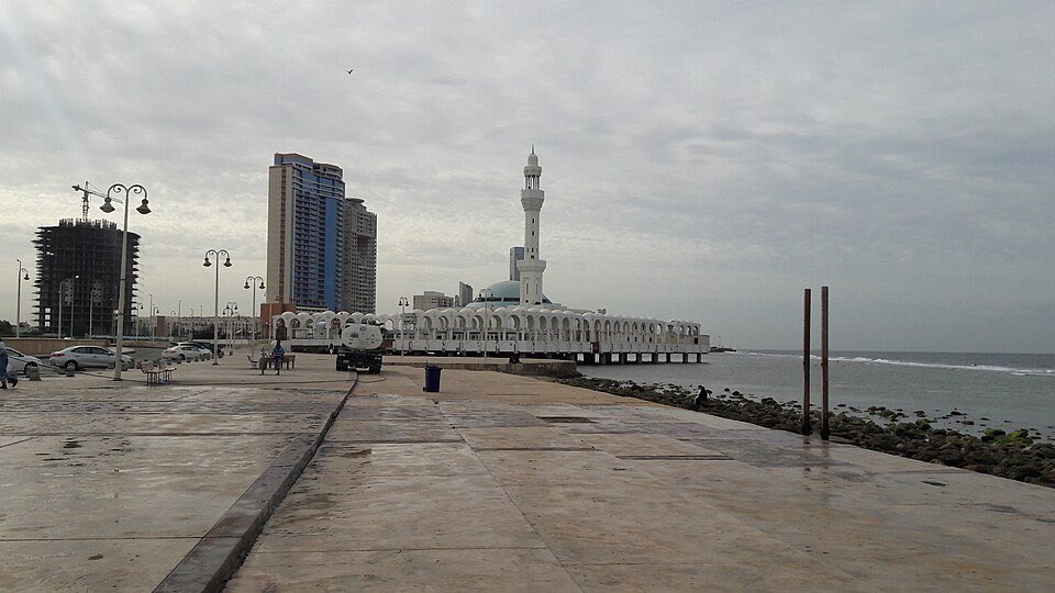 Al-Rahmah Mosque, built out over the water on the Jeddah Corniche.